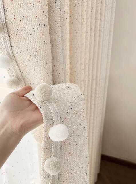 A Pair Of Cream Texture Curtains With Pompom Trim, Nursery Curtain Panels Trim, Living Room Bedroom Curtains, Custom Made, Divider - image 1
