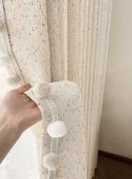A Pair Of Cream Texture Curtains With Pompom Trim, Nursery Curtain Panels Trim, Living Room Bedroom Curtains, Custom Made, Divider - thumbnail 1