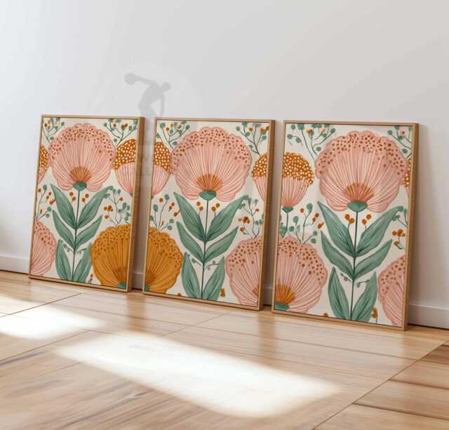 Modern Floral Wall Art Set Of 3, Pink & Mustard Botanical Prints With Green Leaves, Boho Flower Poster Trio For Bedroom Or Living Room - image 1