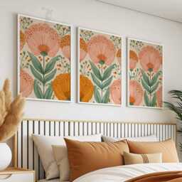Modern Floral Wall Art Set Of 3, Pink & Mustard Botanical Prints With Green Leaves, Boho Flower Poster Trio For Bedroom Or Living Room - thumbnail 2