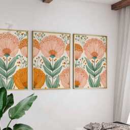 Modern Floral Wall Art Set Of 3, Pink & Mustard Botanical Prints With Green Leaves, Boho Flower Poster Trio For Bedroom Or Living Room - thumbnail 3