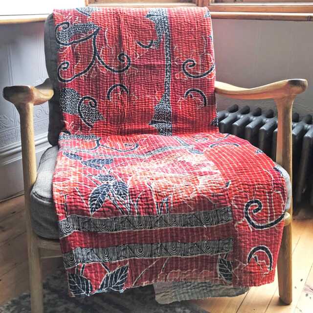 Sale Kantha Throw - Rusty Red With Black. Reverse Turquoise & Brown Plaid. Unique/One Of A Kind/Vintage/Boho/Reversible Throw/Bedspread - image 1