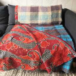Sale Kantha Throw - Rusty Red With Black. Reverse Turquoise & Brown Plaid. Unique/One Of A Kind/Vintage/Boho/Reversible Throw/Bedspread - thumbnail 3