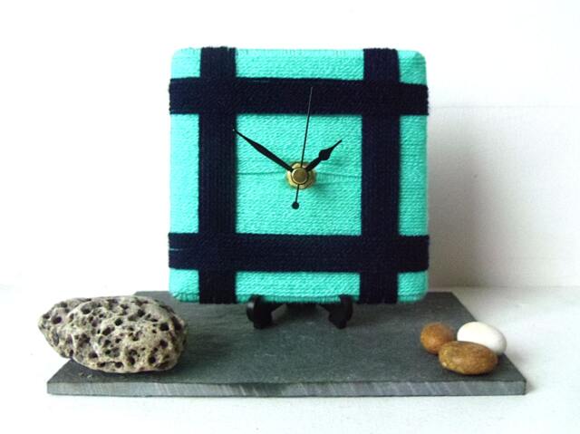 Turquoise Desk Clock - Small Wall & Navy Wool Aqua Yarn Square - image 1