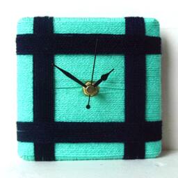 Turquoise Desk Clock - Small Wall & Navy Wool Aqua Yarn Square - thumbnail 2