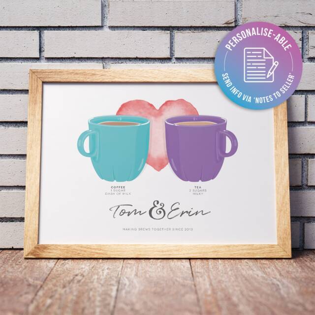 Personalised Print - Homemade Wall Art Cute Couple Names Brew Together Mugs Valentines Anniversary Gift Customised - image 1