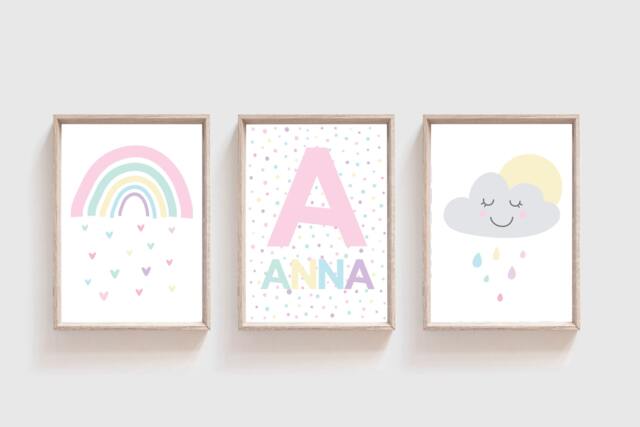 Set Of 3 Girls Nursery Prints, Rainbow Wall Art, Bedroom Decor, Personalised, Art, , Playroom Pastel - image 1