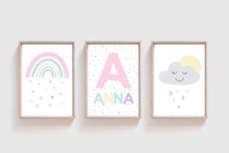 Set Of 3 Girls Nursery Prints, Rainbow Wall Art, Bedroom Decor, Personalised, Art, , Playroom Pastel - thumbnail 1