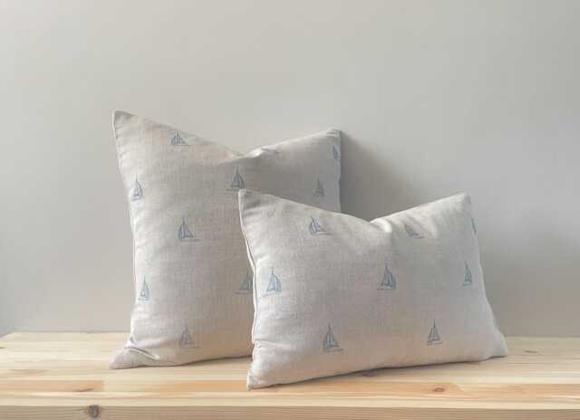 Sailboats - Blue Nautical Sailboat Print Linen Modern Farmhouse Cushion Covers - image 1