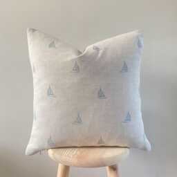Sailboats - Blue Nautical Sailboat Print Linen Modern Farmhouse Cushion Covers - thumbnail 2