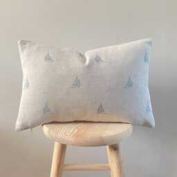 Sailboats - Blue Nautical Sailboat Print Linen Modern Farmhouse Cushion Covers - thumbnail 3
