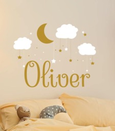 Name Wall Decal Baby Boy Nursery, Moon Clouds & Stars Sticker For Playroom, Personalized Vinyl Kids Playroom - thumbnail 1