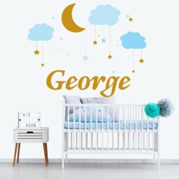 Name Wall Decal Baby Boy Nursery, Moon Clouds & Stars Sticker For Playroom, Personalized Vinyl Kids Playroom - thumbnail 2