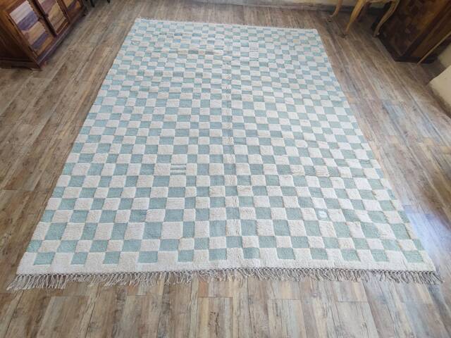 Checkerboard Wool Rug, Ivory & Green, Handmade Moroccan Berber Rug - image 1