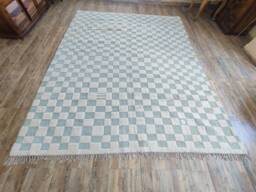 Checkerboard Wool Rug, Ivory & Green, Handmade Moroccan Berber Rug - thumbnail 1