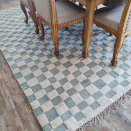 Checkerboard Wool Rug, Ivory & Green, Handmade Moroccan Berber Rug - thumbnail 2