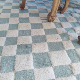 Checkerboard Wool Rug, Ivory & Green, Handmade Moroccan Berber Rug - thumbnail 3