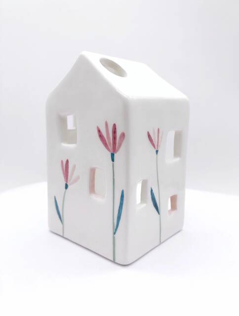 White Ceramic House With Pink Flowers, Wall-Hanging Decoration Or Candle - image 1
