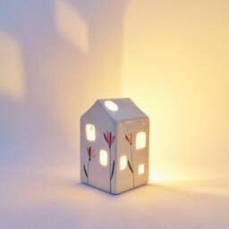 White Ceramic House With Pink Flowers, Wall-Hanging Decoration Or Candle - thumbnail 2
