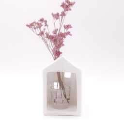 White Ceramic House With Pink Flowers, Wall-Hanging Decoration Or Candle - thumbnail 3