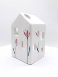 White Ceramic House With Pink Flowers, Wall-Hanging Decoration Or Candle - thumbnail 1