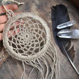 Dream Catcher, Crochet Dreamcatcher, Boho Home Decor, Linen Small Doily Beige Wall Hanging - thumbnail 3