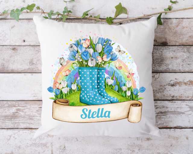 Personalised Floral Wellington Boot Cushion, Spring Flower Home Decor - image 1
