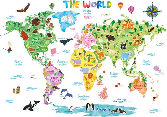 Decowall Animal World Map Wall Stickers - Educational Nursery Decals For Kids Bedroom Playroom Or Classroom Decor - Dl3-1615 - image 1