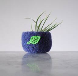 Felted Wool Bowl in Royal Blue With Neon Green Leaf - Air Plant Planter Tillandsia Home Gifts For Gardeners - thumbnail 1
