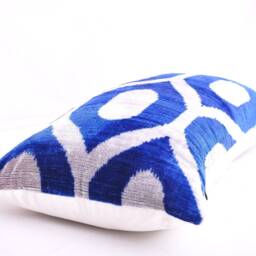 Handloom Silk Velvet Ikat Pillow, Medium Blue Cushion - thumbnail 2