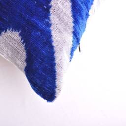 Handloom Silk Velvet Ikat Pillow, Medium Blue Cushion - thumbnail 3