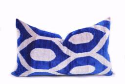Handloom Silk Velvet Ikat Pillow, Medium Blue Cushion - thumbnail 1