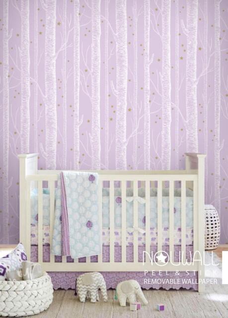 White Birch Tree On Pale Purple Pink Background With Gold Stars Peel & Stick Wallpaper Magical Theme Wall Decal Sticker - image 1
