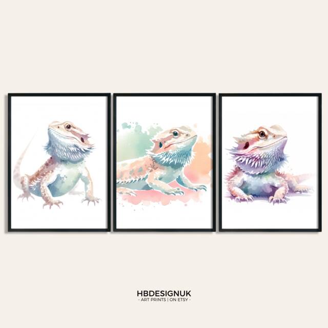 Bearded Dragon Poster Set - Of 3 Prints - Watercolour Print Present Pictures Home Decor Artwork Painting Bedroom Wall Art - image 1