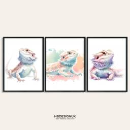 Bearded Dragon Poster Set - Of 3 Prints - Watercolour Print Present Pictures Home Decor Artwork Painting Bedroom Wall Art - thumbnail 1