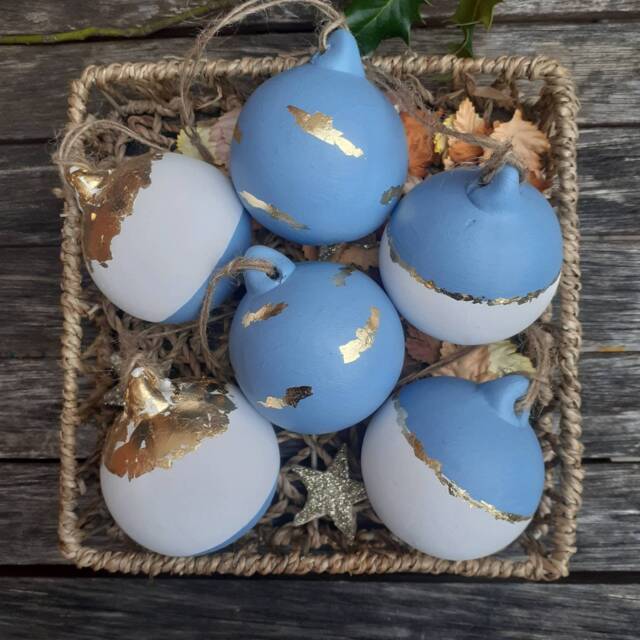 Set Of 3 Christmas Baubles Blue & Gold Tree Decorations Hand Painted Gilded Foil Ornament - image 1