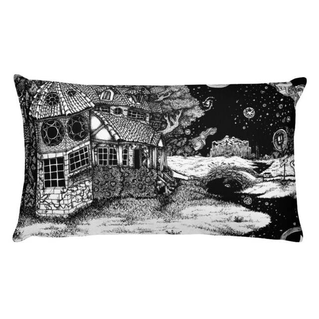 Along The Path To Tower Rectangular Pillow, Abandoned House Across Lonely Landscape, Outdoors Adventure Fantasy - image 1
