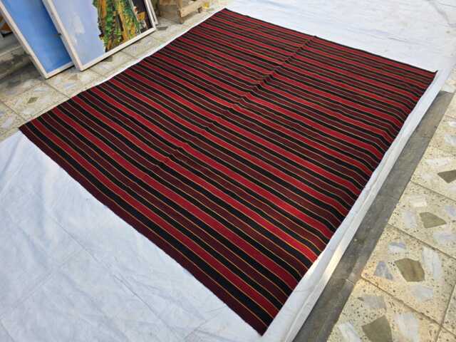 6x6.5 Striped Kilim Rug, Red Black Flatweave Area Boho Rustic Tribal Carpet, Minimalist Geometric Decor - image 1