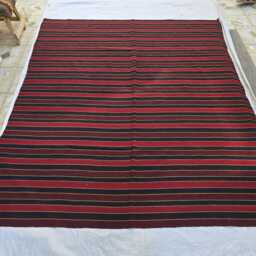 6x6.5 Striped Kilim Rug, Red Black Flatweave Area Boho Rustic Tribal Carpet, Minimalist Geometric Decor - thumbnail 3
