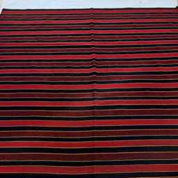 6x6.5 Striped Kilim Rug, Red Black Flatweave Area Boho Rustic Tribal Carpet, Minimalist Geometric Decor - thumbnail 4