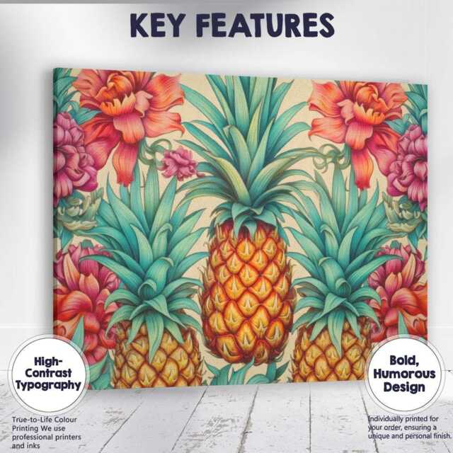 Tropical Pineapple Floral Botanical Pattern Canvas Wall Art Print Decor Picture Ready To Hang - image 1