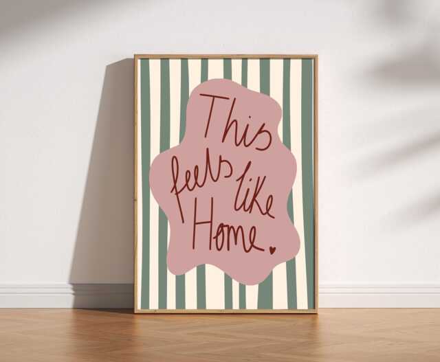 This Feels Like Home Print - Cosy Retro Wall Art, Mid Century Striped Hallway Entryway Warm Handwritten Decor, Living Room Art - image 1