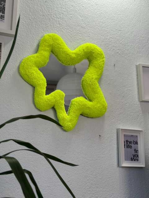 Abstract Yellow Neon Tufted Mirror - Handmade Fluffy Wall Decor Funky Fiber Art With Center - image 1
