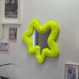 Abstract Yellow Neon Tufted Mirror - Handmade Fluffy Wall Decor Funky Fiber Art With Center - thumbnail 3