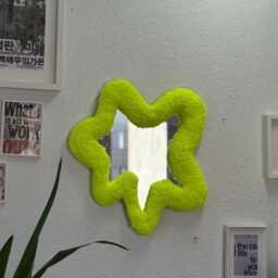 Abstract Yellow Neon Tufted Mirror - Handmade Fluffy Wall Decor Funky Fiber Art With Center - thumbnail 2