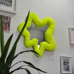 Abstract Yellow Neon Tufted Mirror - Handmade Fluffy Wall Decor Funky Fiber Art With Center - thumbnail 4