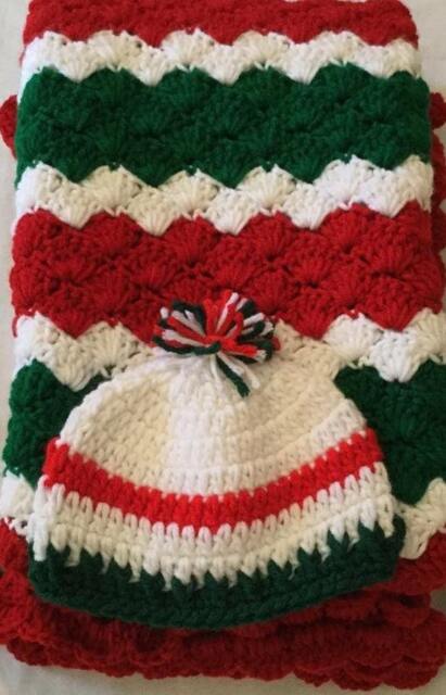 Crocheted Baby Blanket Travel/stroller/Crib/Car Seat/White/Red/Green/Red Ruffle/White/Red/Green Trim New Born Hat - image 1