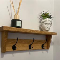 Solid Oak Coat Rack With Shelf, Hook, Handmade Wooden Entryway Cast Iron Hooks, Towel Hanger Wall Mounted, Porte Manteau Mural - thumbnail 2