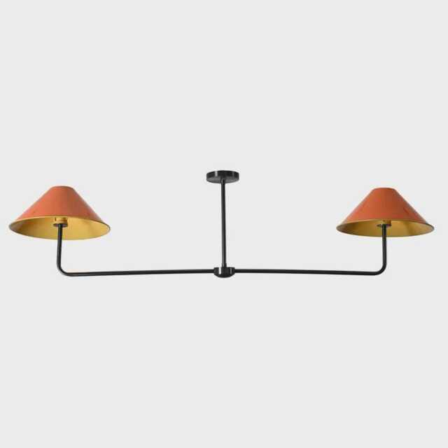 Mid-Century Modern Brass Linear Chandelier, Double Shade Pendant Light - image 1