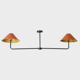 Mid-Century Modern Brass Linear Chandelier, Double Shade Pendant Light - thumbnail 1